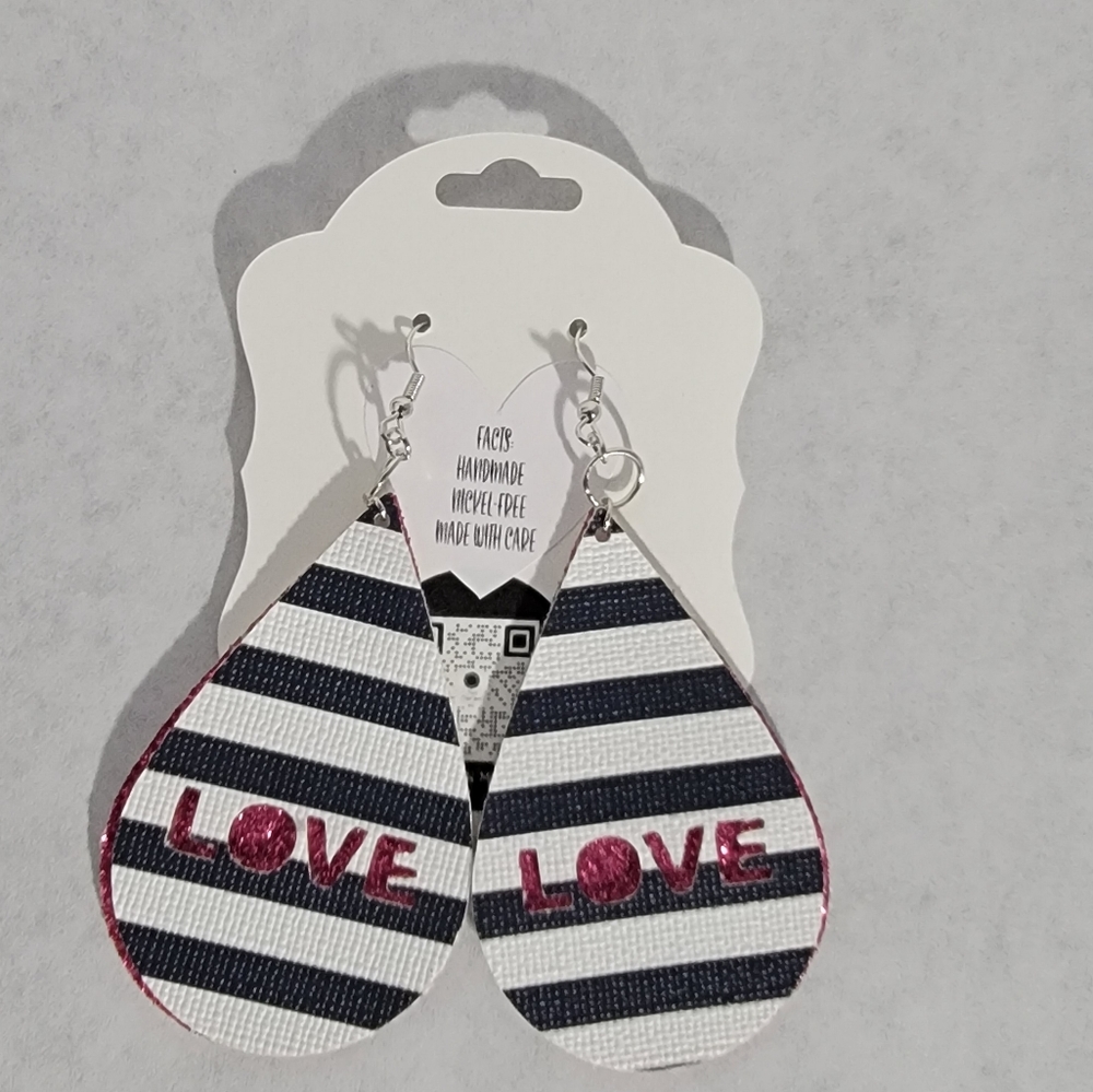 Pink Glitter, Black/White Stripe LOVE 2-Layered Faux Leather Earrings 2.5"